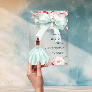Invitations En Acrylique Robe florale rose ruban vert sauge clair Sweet 16