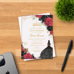 Invitations En Acrylique Robe florale Roses Rouge Noire Quinceañera XV Or