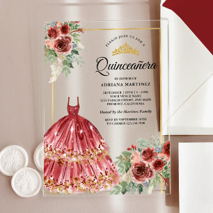 Invitations En Acrylique Robe Florale Rouge Marsala Quinceanera Or