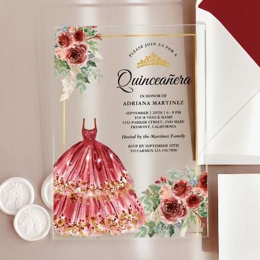 Invitations En Acrylique Robe Florale Rouge Marsala Quinceanera Or