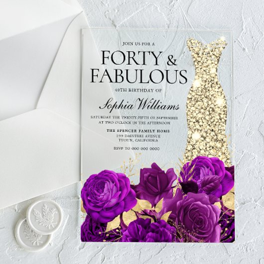 Invitations En Acrylique Robe Florale Violet & Or 40e fête d'anniversaire