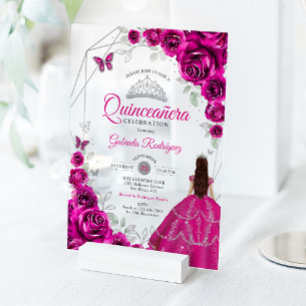 Invitations En Acrylique Robe fuchsia rose argent pour Quinceanera