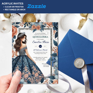 Invitations En Acrylique Robe Navy Blue Rose Gold Fleurs Quinceañera