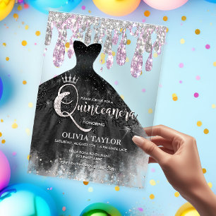 Invitations En Acrylique Robe noire chic paillettes de cristal rose Quincea