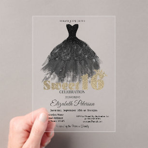 Invitations En Acrylique Robe noire élégante Gold Bokeh Sweet 16 Party