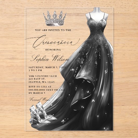 Invitations En Acrylique Robe noire en argent Princesse Quinceañera (Recto)