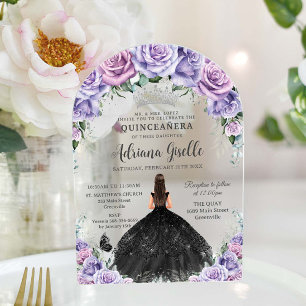 Invitations En Acrylique Robe noire florale lilas violet Quinceanera argent