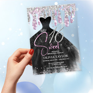 Invitations En Acrylique Robe noire rose stylée en monogramme sweet 16 