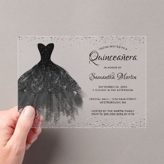 Invitations En Acrylique Robe noire Script Parties scintillant Quinceañera  (In situ (ordinateur de poche))