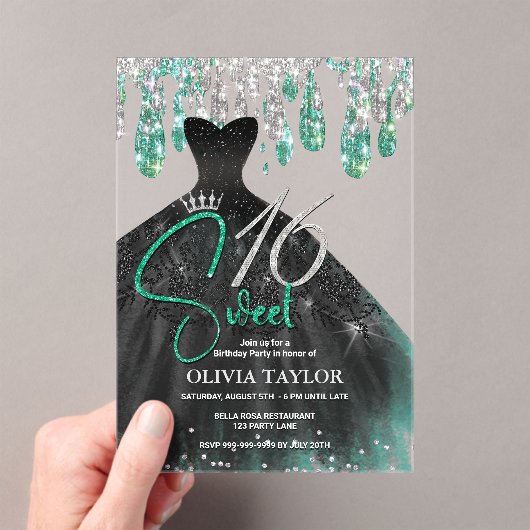 Invitations En Acrylique Robe noire verte élégante douce 16 monogramme (In situ (ordinateur de poche))