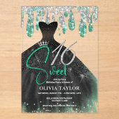 Invitations En Acrylique Robe noire verte élégante douce 16 monogramme (Recto)