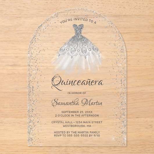 Invitations En Acrylique Robe Parties scintillant argent blanc Quinceañera (Recto)