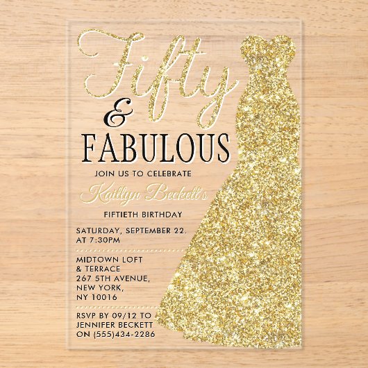 Invitations En Acrylique Robe Parties scintillant élégante | Cinquante et f (Recto)