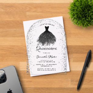 Invitations En Acrylique Robe Parties scintillant en argent noir Quinceañer