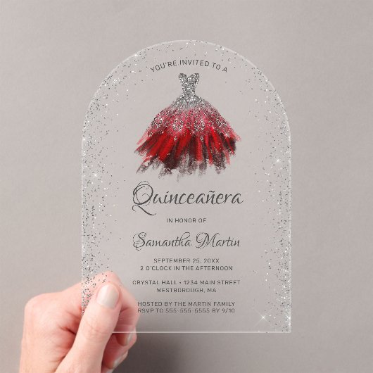 Invitations En Acrylique Robe Parties scintillant en argent rouge Quinceañe (In situ (ordinateur de poche))