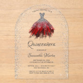 Invitations En Acrylique Robe Parties scintillant en argent rouge Quinceañe (Recto)