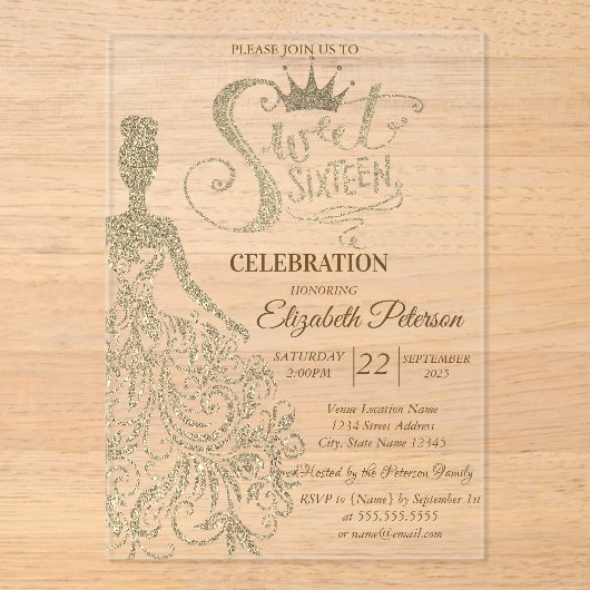 Invitations En Acrylique Robe Parties scintillant or, Diamants Vert Sweet 1 (Recto)