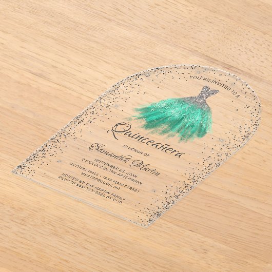 Invitations En Acrylique Robe Parties scintillant Silver Aqua Quinceañera P (Poser)