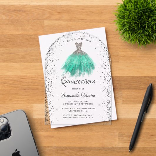 Invitations En Acrylique Robe Parties scintillant Silver Aqua Quinceañera P (Insitu (Carte d'invitation))