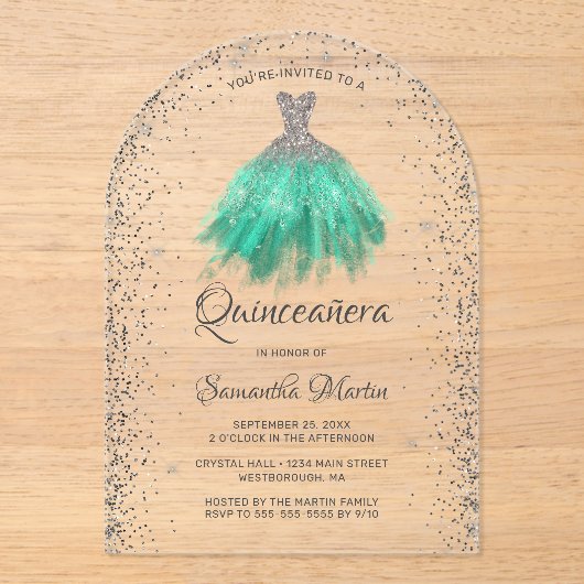 Invitations En Acrylique Robe Parties scintillant Silver Aqua Quinceañera P (Recto)