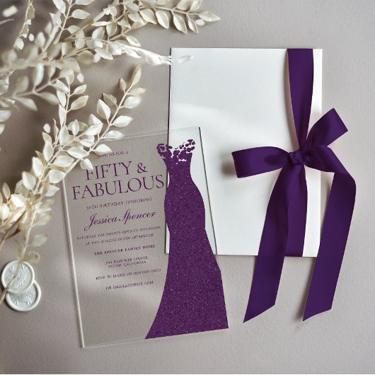 Invitations En Acrylique Robe pourpre Cinquante et fabuleux 50e anniversair