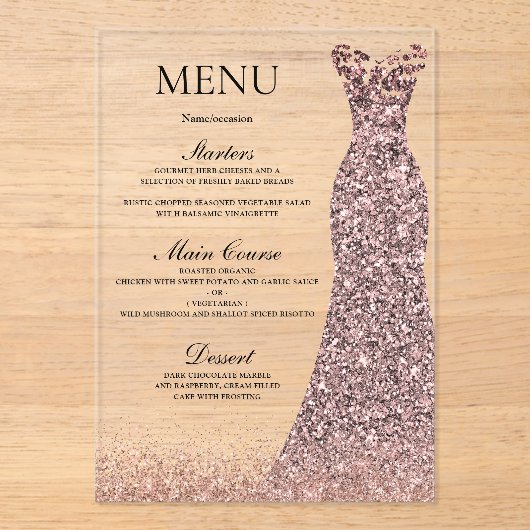 Invitations En Acrylique Robe Rose Blush Anniversaire Fête des mariées Menu (Recto)