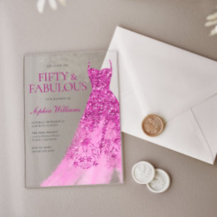 Invitations En Acrylique Robe rose chaude 50e fête d'anniversaire