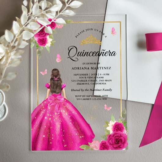 Invitations En Acrylique Robe rose chaude papillon Or Quinceanera