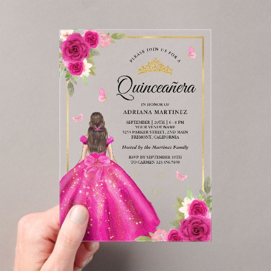 Invitations En Acrylique Robe rose chaude papillon Or Quinceanera (In situ (ordinateur de poche))