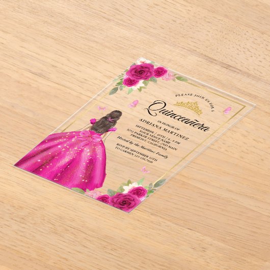 Invitations En Acrylique Robe rose chaude papillon Or Quinceanera (Poser)