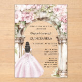 Invitations En Acrylique Robe rose florales arche claire Quinceanera (Recto)
