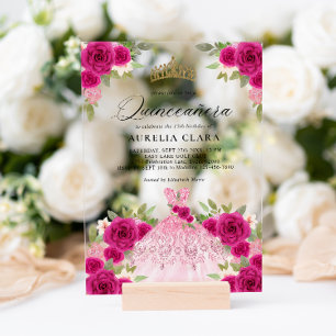 Invitations En Acrylique Robe rose Glam Magenta 15ème Quinceañera