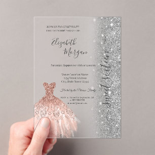 Invitations En Acrylique Robe Rose Gold Paillettes Sucrée 16 Ans