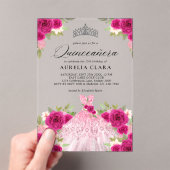 Invitations En Acrylique Robe rose magenta argent 15e Quinceañera (In situ (ordinateur de poche))