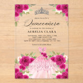 Invitations En Acrylique Robe rose magenta argent 15e Quinceañera (Recto)