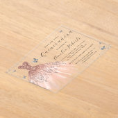 Invitations En Acrylique Robe rose or élégant papillon Quinceanera (Poser)