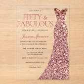 Invitations En Acrylique Robe rose or étincelante femmes 50e fête d'anniver (Recto)