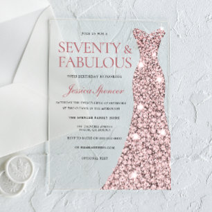 Invitations En Acrylique Robe rose or étincelle 70e anniversaire