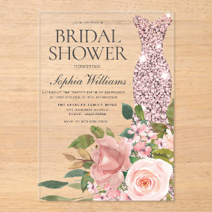 Invitations En Acrylique Robe rose or & Fête des mariées de Fleurs Roses Bl
