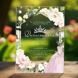 Invitations En Acrylique Robe rose Papillon Cadre Floral Quinceañera