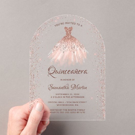 Invitations En Acrylique Robe rose Parties scintillant or Quinceañera (In situ (ordinateur de poche))