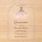 Invitations En Acrylique Robe rose Parties scintillant or Quinceañera (Recto)
