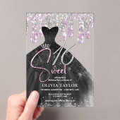 Invitations En Acrylique Robe rose rose noir élégant doux 16 monogramme (In situ (ordinateur de poche))