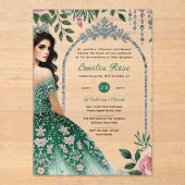 Invitations En Acrylique Robe rose verte Quinceañera Silver Mis Quince (Recto)