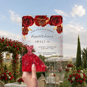 Invitations En Acrylique Robe rouge à paillettes roses rouges 16 ans claire