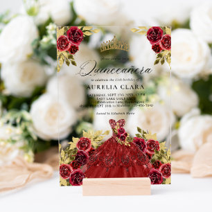 Invitations En Acrylique Robe rouge glamour aquarelle florale 15 ans Quince