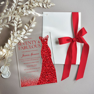 Invitations En Acrylique Robe rouge Soixante-dix et fabuleux 70e fête d'ann