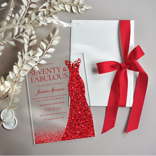 Invitations En Acrylique Robe rouge Soixante-dix et fabuleux 70e fête d'ann