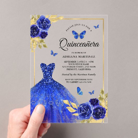 Invitations En Acrylique Robe Royal Bleue Florale Papillon Or Quinceanera (In situ (ordinateur de poche))