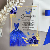 Invitations En Acrylique Robe Royal Bleue Florale Papillon Or Quinceanera